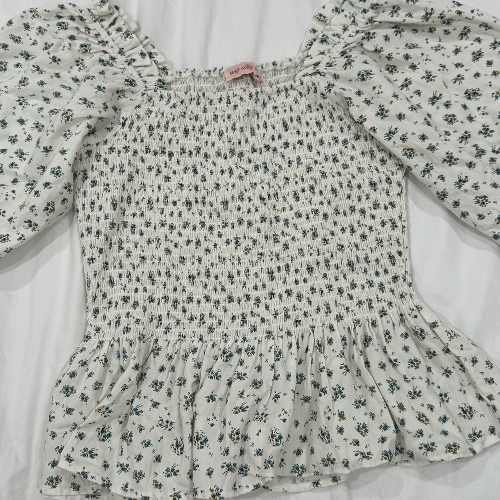 Ivy City Co Cream Smocked Skirt with Blue Floral Accents